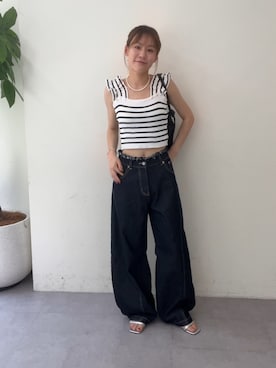 「mystic（ミスティック）のフリルタンクニット（タンクトップ、ホワイト系）」を使った、mika🍊さん（レディース・155cm）の夏コーディネート