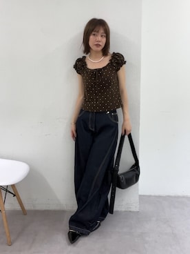 「mystic（ミスティック）のレースアップフレンチTシャツ（Tシャツ/カットソー、ブラウン系）」を使った、mika🍊さん（レディース・155cm）の夏コーディネート