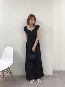 「mystic（ミスティック）のシャーリングバックシャンオールインワン（ワンピース、ブラック系）」を使った、mika🍊さん（レディース・155cm）の春コーディネート