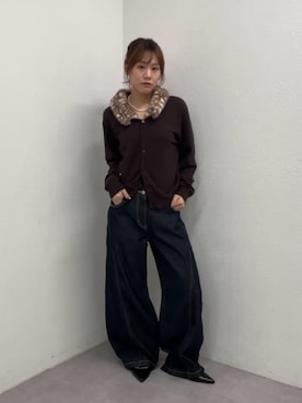 「mystic（ミスティック）のファー付きカーディガン（カーディガン/ボレロ、ブラウン系）」を使った、mika🍊さん（レディース・155cm）の夏コーディネート