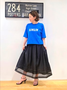 「NAVYNAVY(ネイビーネイビー)の【サマー・ライフパフォーマンス向上】3機能搭載!遮熱ロゴニットTシャツ(Knitwear、ブルー系)」を使った、kim_kim___nbbさん(レディース・154cm)の夏コーディネート
