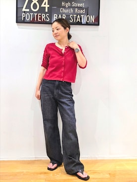 「NATURAL BEAUTY BASIC(ナチュラルビューティーベーシック)の前後2WAYカーディガン(T Shirts、レッド系)」を使った、kim_kim___nbbさん(レディース・154cm)の夏コーディネート