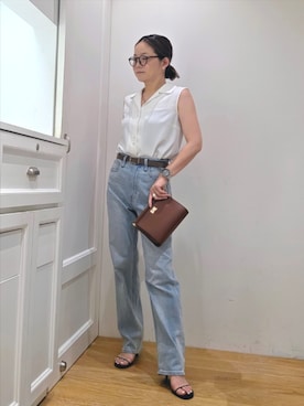 「NATURAL BEAUTY BASIC(ナチュラルビューティーベーシック)の開襟とろみブラウス(Shirts、ホワイト系)」を使った、kim_kim___nbbさん(レディース・154cm)の夏コーディネート