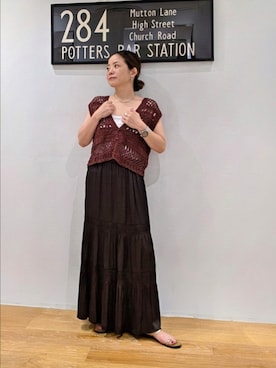 「N.(N. Natural Beauty Basic)(エヌエヌナチュラルビューティーベーシック)のカギバリ編み風ニットベスト(Vest、ブラウン系)」を使った、kim_kim___nbbさん(レディース・154cm)の夏コーディネート
