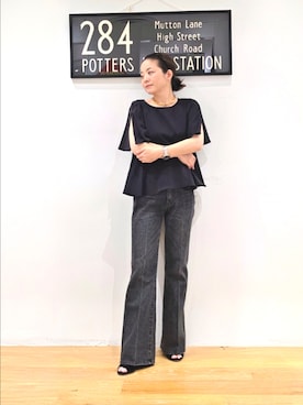「NAVYNAVY(ネイビーネイビー)の【サマー・ライフパフォーマンス向上】UVカット/接触冷感ダルサテンセットアップ(Shirts、ブラック系)」を使った、kim_kim___nbbさん(レディース・154cm)の夏コーディネート