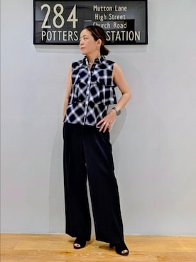 「NATURAL BEAUTY BASIC(ナチュラルビューティーベーシック)のレースタイチェックブラウス(Shirts、ブラック系)」を使った、kim_kim___nbbさん(レディース・154cm)の夏コーディネート