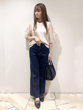 「index（インデックス）の【接触冷感／UVケア】オーガンフリルスリットトップス《洗濯機OK》（Tシャツ/カットソー、ベージュ系）」を使った、miaさん（レディース・155cm）の夏コーディネート
