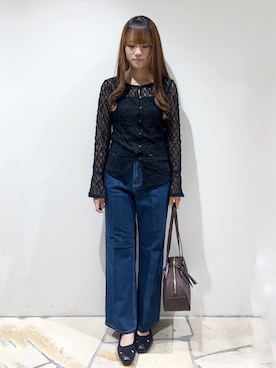 「index（インデックス）の前後2wayレースフレアスリーブトップス【洗濯機OK】（Tシャツ/カットソー、ブラック系）」を使った、miaさん（レディース・155cm）の夏コーディネート