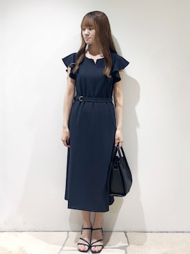 「index（インデックス）の【接触冷感／吸水速乾】キーネックフレアスリーブワンピース《UV／洗濯機OK／ストレッチ》（ワンピース、ブルー系）」を使った、miaさん（レディース・155cm）の夏コーディネート