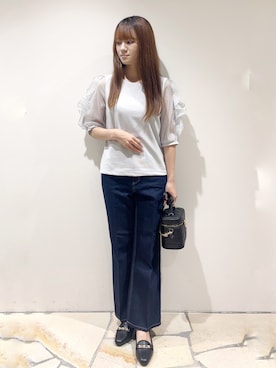 「index（インデックス）の【接触冷感／UVケア】オーガンフリルスリットトップス《洗濯機OK》（Tシャツ/カットソー、ブルー系）」を使った、miaさん（レディース・155cm）の夏コーディネート
