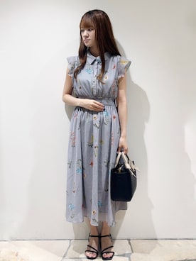 「index（インデックス）のボタニカルフレアワンピース【洗濯機OK】（ワンピース、グレー系）」を使った、miaさん（レディース・155cm）の夏コーディネート