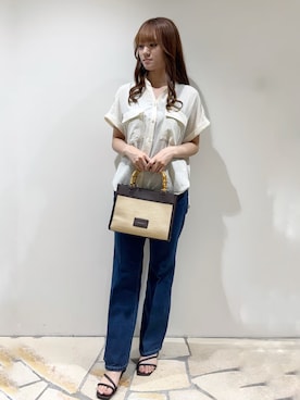 「index（インデックス）のフレアデニムパンツ【洗濯機OK】（デニムパンツ、ブルー系）」を使った、miaさん（レディース・155cm）の春コーディネート