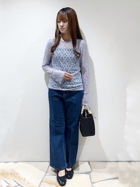 「index（インデックス）の前後2wayレースフレアスリーブトップス【洗濯機OK】（Tシャツ/カットソー、ブルー系）」を使った、miaさん（レディース・155cm）の夏コーディネート