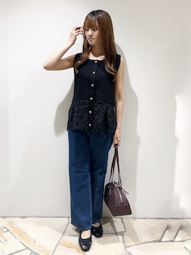 「index（インデックス）の《丈が選べる》ストレートデニムパンツ【洗濯機洗い可】（その他パンツ、ブルー系）」を使った、miaさん（レディース・155cm）の夏コーディネート