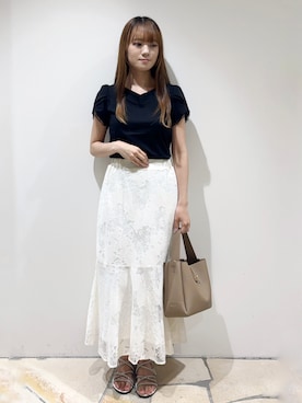 「index（インデックス）の【接触冷感／UVケア】ハートネックレースレイヤードトップス《洗濯機OK／6col》（Tシャツ/カットソー、ブラック系）」を使った、miaさん（レディース・155cm）の夏コーディネート