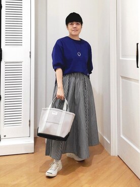 「Dessin（デッサン）の【360度可愛い・洗える】バックヘンリーカットソー5分袖（Tシャツ/カットソー、ブルー系）」を使った、aiさん（レディース・147cm）の春コーディネート