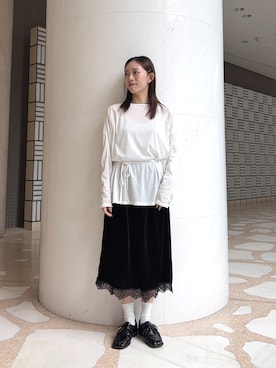 「KBF（ケイビーエフ）のルーズシアートップス+ストラップ（Tシャツ/カットソー、ホワイト系）」を使った、nanaseさん（レディース・156cm）の秋コーディネート