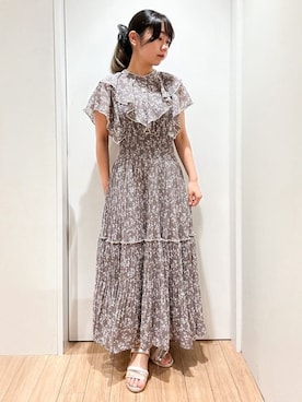 「grove（グローブ）の夏の主役シフォンプリントプリーツワンピース（ワンピース、ブラウン系）」を使った、memeさん（レディース・149cm）の夏コーディネート
