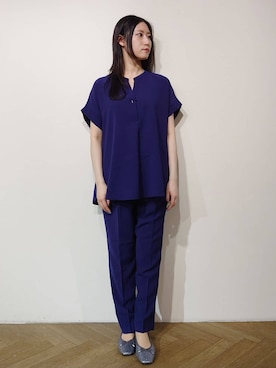 「OPAQUE.CLIP（オペークドットクリップ）の《7色展開/SS-LLサイズ》ストレッチスキッパーブラウス/セットアップ対応【洗濯機洗い可/防シワ】（シャツ/ブラウス、ブルー系）」を使った、Uさん（レディース・155cm）の春コーディネート