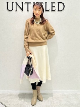 「アイテム（ノーカラーコート、ベージュ系）」を使った、Miwaさん（レディース・155cm）の冬コーディネート