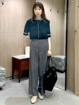 「UNTITLED（アンタイトル）の【アンサンブル可/上品な清涼感】コンパクト5分袖ニット（ニット/セーター、ブラック系）」を使った、Miwaさん（レディース・155cm）の秋コーディネート