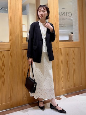 「アイテム（ノーカラージャケット、ブラック系）」を使った、ゆうさん（レディース・160cm）の夏コーディネート
