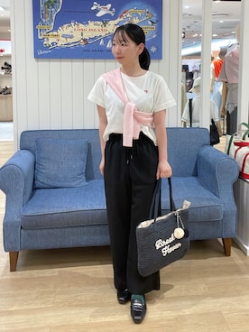 「アイテム（トートバッグ、ブルー系）」を使った、AYAさん（レディース・158cm）の夏コーディネート