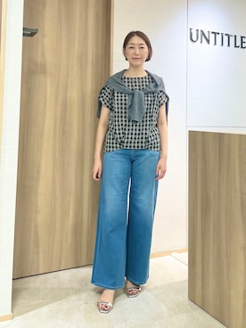「UNTITLED（アンタイトル）の【秋めきシャツ/体型カバー】シアーチェックブラウス（シャツ/ブラウス、ブラック系）」を使った、aliceさん（レディース・166cm）の夏コーディネート