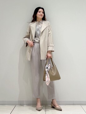 「INDIVI（インディヴィ）の【2WAY／シアー】バイアスチェック柄＆無地 カシュクールシャツ（シャツ/ブラウス、ベージュ系）」を使った、T.Kさん（レディース・171cm）の春コーディネート