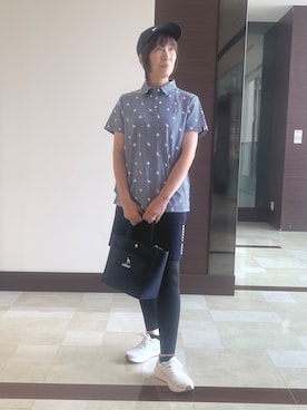 「adabat（アダバット）の【ADABAT NAVY】モノグラムサッカー半袖ポロシャツ（ポロシャツ、ホワイト系）」を使った、サンタクさん（レディース・164cm）の夏コーディネート