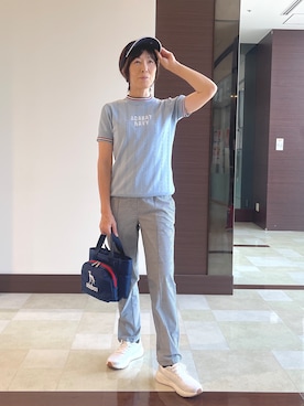 「adabat（アダバット）の【ADABAT NAVY】UVカット ケーブルストライプ半袖モックニット（ニット/セーター、ブルー系）」を使った、サンタクさん（レディース・164cm）の春コーディネート