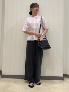 「INDIVI（インディヴィ）の【接触冷感／5分袖】フリルタックブラウス（シャツ/ブラウス、ピンク系）」を使った、ちひさん（レディース・162cm）の夏コーディネート