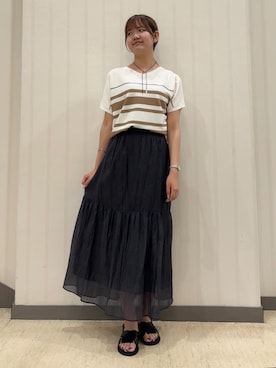 「INDIVI（インディヴィ）の【洗える／きれいめ】デニム風シアーティアードスカート（スカート、ブルー系）」を使った、ちひさん（レディース・162cm）の夏コーディネート