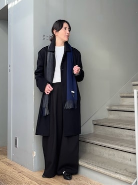 「TAKEO KIKUCHI（タケオキクチ）のカシミヤブレンド ビーバー調ステンカラーコート（ステンカラーコート、ブラック系）」を使った、jinnoさん（レディース）の冬コーディネート