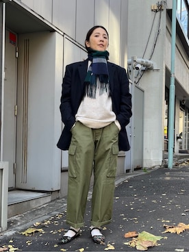 「アイテム（マフラー、ブルー系）」を使った、jinnoさん（メンズ・165cm）の冬コーディネート
