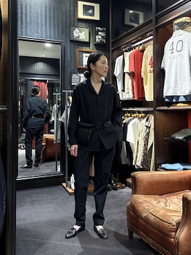 「TAKEO KIKUCHI（タケオキクチ）の【撥水・洗える・シワになりにくい】 リランチェ（R） シャツ（シャツ/ブラウス、ブラック系）」を使った、jinnoさん（レディース）の春コーディネート