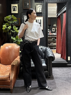 「TAKEO KIKUCHI（タケオキクチ）の【接触冷感】アイスクリアコットン モックネック Tシャツ（Tシャツ/カットソー、ブラック系）」を使った、jinnoさん（レディース）の夏コーディネート