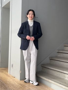 「TAKEO KIKUCHI（タケオキクチ）の【Sサイズ～】ラッセルメッシュ ジャケット（テーラードジャケット、ブルー系）」を使った、jinnoさん（レディース）の冬コーディネート