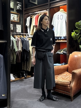 「TAKEO KIKUCHI（タケオキクチ）の【BOWLER HAT LABEL】アイスクリアコットン ボーラーハットウォーカー ポロシャツ（ポロシャツ、ブラック系）」を使った、jinnoさん（レディース）の夏コーディネート