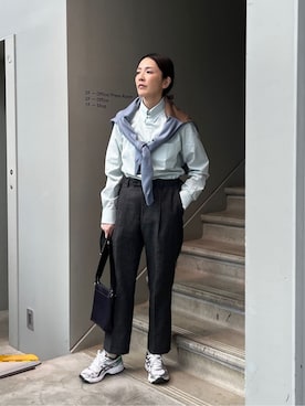 「アイテム（ビジネスシャツ、グリーン系）」を使った、jinnoさん（メンズ・165cm）の冬コーディネート