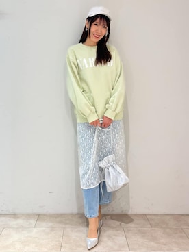 「OPAQUE.CLIP（オペークドットクリップ）のフロッキーロゴスウェット【洗濯機洗い可】（Tシャツ/カットソー、グリーン系）」を使った、sayapiyo05さん（レディース・168cm）の春コーディネート