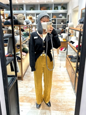 「サテンパンツ」｜「アイテム（帽子）」を使った、akiさん（レディース・156cm）の冬コーディネート