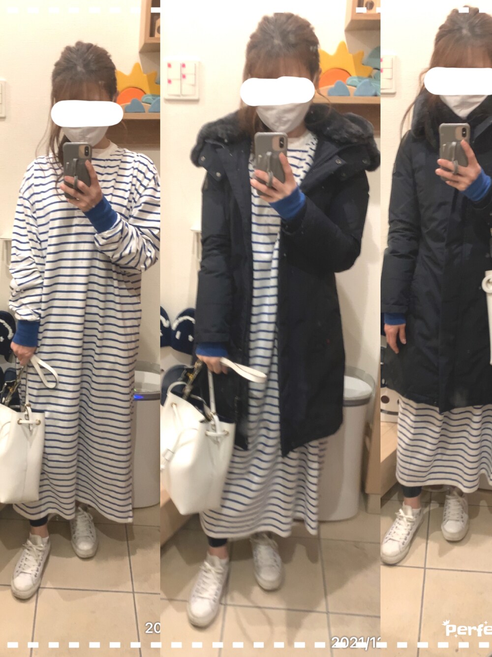 「ボーダーワンピース、ラガーシャツワンピース、ブルー、ネイビー、ネイビー×ホワイト、ブルー x ホワイト、カジュアルコーデ、カジュアル、ラクチンコーデ、ダウンコート、ダウンジャケット、ウールリッチ、オトナカジュアル、シンプル、ロングワンピース」｜「coenのボーダーバンドカラーラガーワンピース（ワンピース、ブルー系）」を使った、こたつんさん（レディース・158cm）の冬コーディネートの1枚目の写真