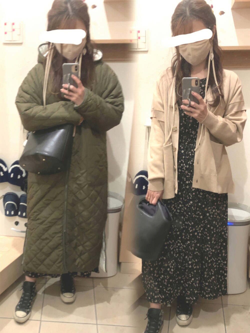 「カーディガン、ワンピース、花柄、キルティング、カーキ、スニーカーコーデ、コンバース オールスター、キルティングコート、キルティングジャケット、花柄ワンピース、秋服、コンバース ハイカット、ワンピース×スニーカー」｜「CONVERSEのCONVERSE / LEA ALL STAR HI（スニーカー、ブラック系）」を使った、こたつんさん（レディース・158cm）の秋コーディネートの1枚目の写真