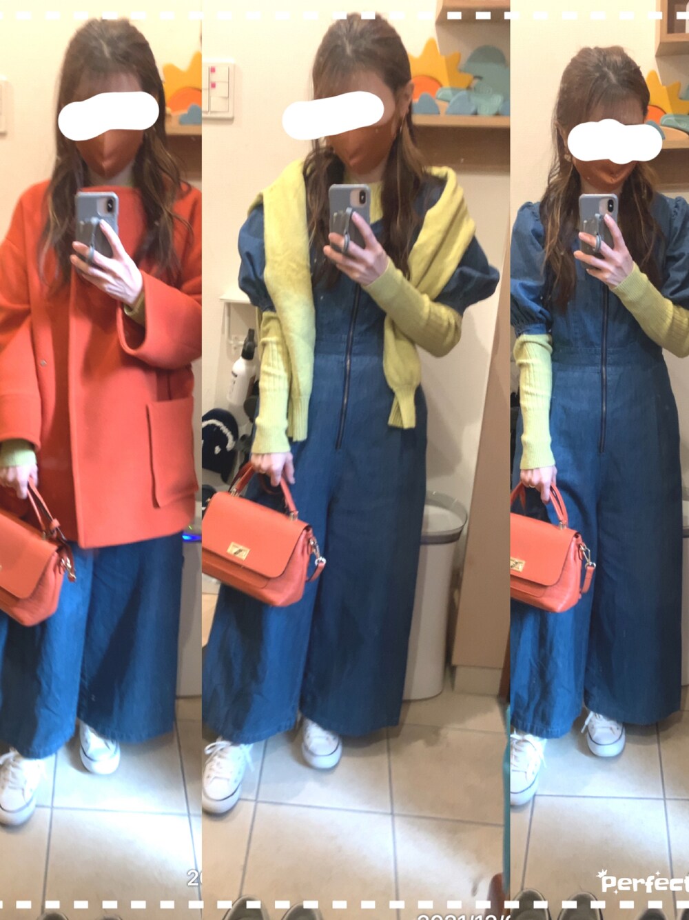 「スニーカー、デニム、カジュアル、サロペット、オールインワン、ワイドパンツ、デニムワンピース、リブニット、イエローコーデ、ボリュームスリーブ、コンバース ハイカット、カーディガン肩かけ、デニムワイドパンツ、オレンジコーデ、ボリューム袖」｜「MARCO BIANCHINIのMARCO BIANCHINI:フラップ2WAYショルダーバッグ◇（ショルダーバッグ、オレンジ系）」を使った、こたつんさん（レディース・158cm）の冬コーディネートの1枚目の写真