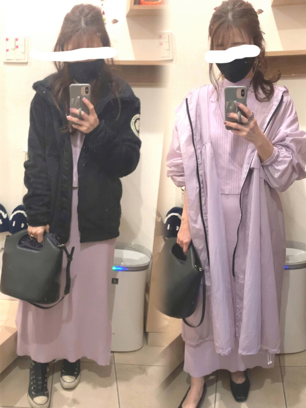 「ニット、パンプス、セットアップ、ニットワンピ、ブラック、ワントーンコーデ、キレイめ、パープル、ラベンダー、コンバース オールスター、レインコート、コンバース ハイカット、秋コーデ、モコモコアウター、スクエアトゥ」｜「THE NORTH FACEのTHE NORTH FACE (ザ ノースフェイス)  Antarctica Versa Loft Jacket /アンタークティカバーサロフトジャケット /NA61930（ブルゾン、ブラック系）」を使った、こたつんさん（レディース・158cm）の秋コーディネートの1枚目の写真