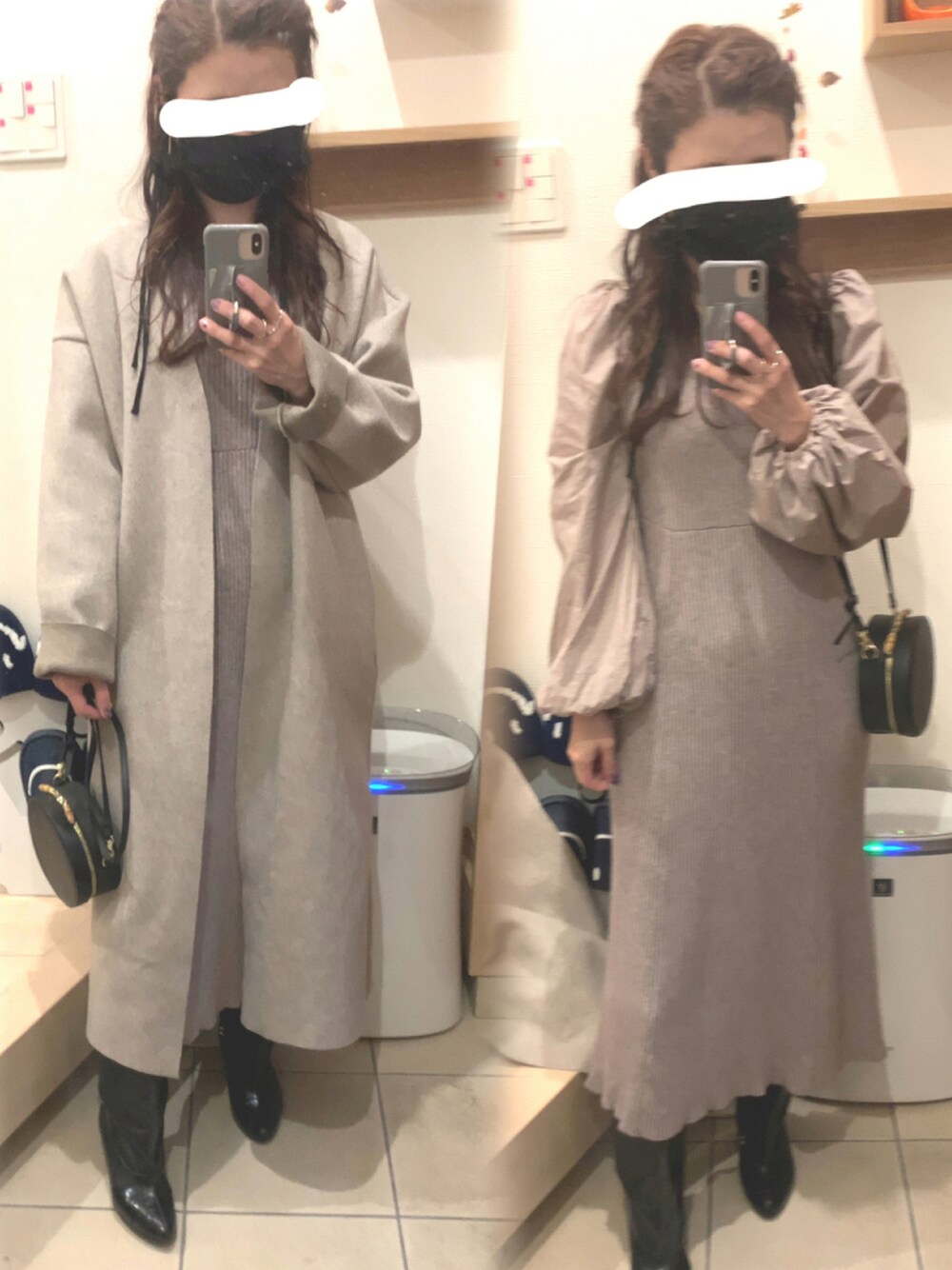 「ワンピース、ブーツ、秋のコーデ、ニットワンピース、ロングブーツ、丸バッグ、ドッキングワンピ、大人ガーリー、ボリューム袖」｜「Kastaneのオーバーサイズロングブーツ（ブーツ、ブラック系）」を使った、こたつんさん（レディース・158cm）の秋コーディネートの1枚目の写真