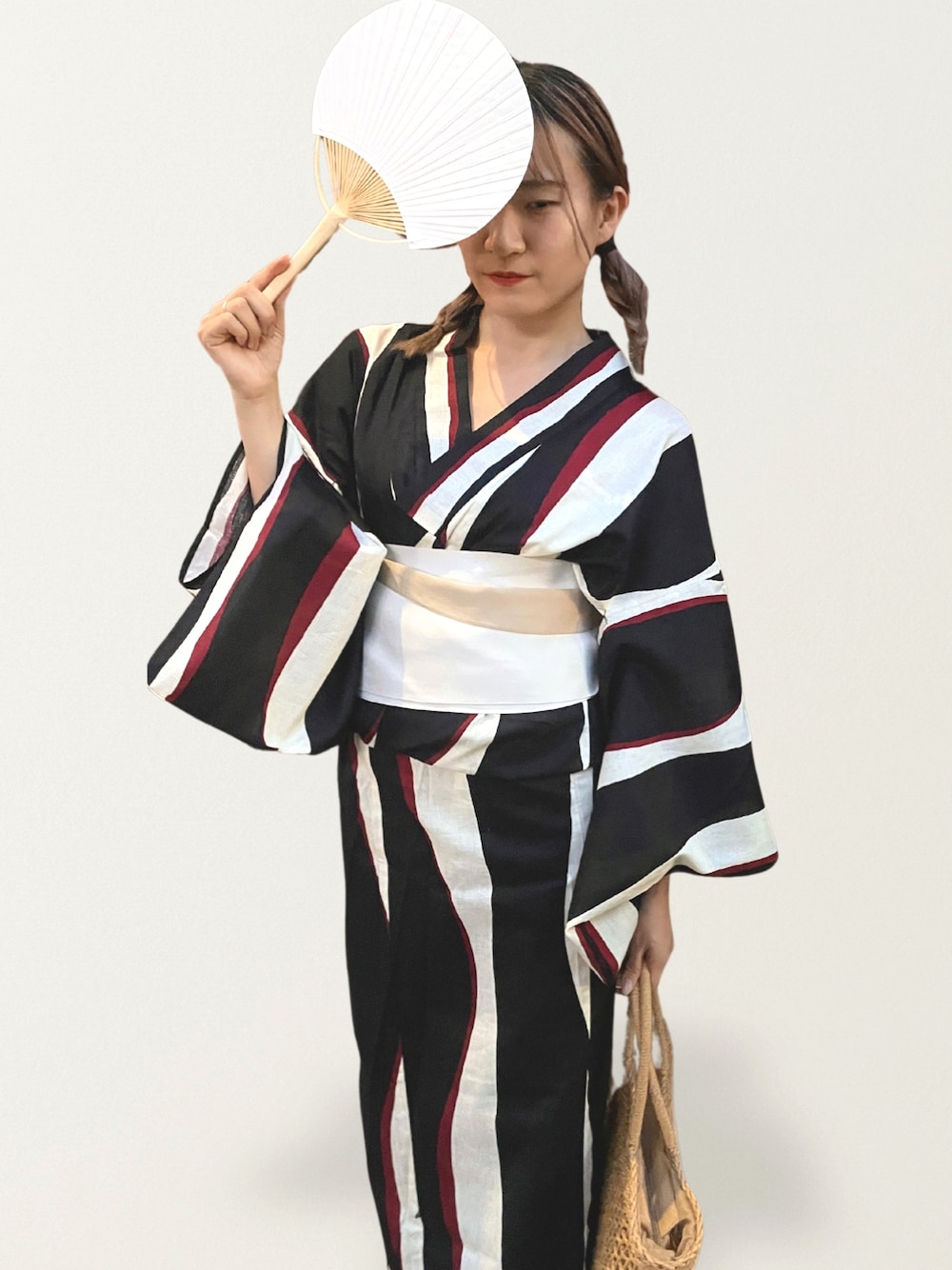 「シンプル、ブラック、夏、ストライプ、大人カジュアル、浴衣、大人コーデ、ゆかた、浴衣女子、CELEN」｜「CELENのファスナー付きかごバッグ（和装小物、ブラウン系）」を使った、yuuaさん（骨格ナチュラル・レディース・166cm）の夏コーディネートの1枚目の写真