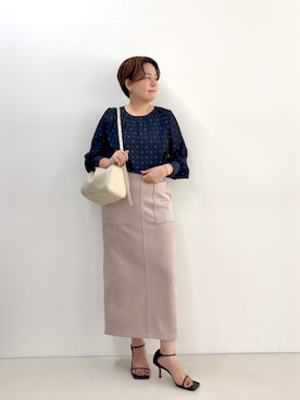 「MICO COULIER（ミコクリエ）のマシュマロスウェードタイトスカート（スカート）」を使った、shiraさん（レディース・155cm）の夏コーディネート