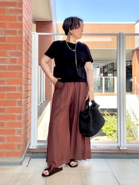 「MICO COULIER（ミコクリエ）のシアーチェックビスチェ付きTシャツ（Tシャツ/カットソー、ブラック系）」を使った、shiraさん（レディース・155cm）の夏コーディネート